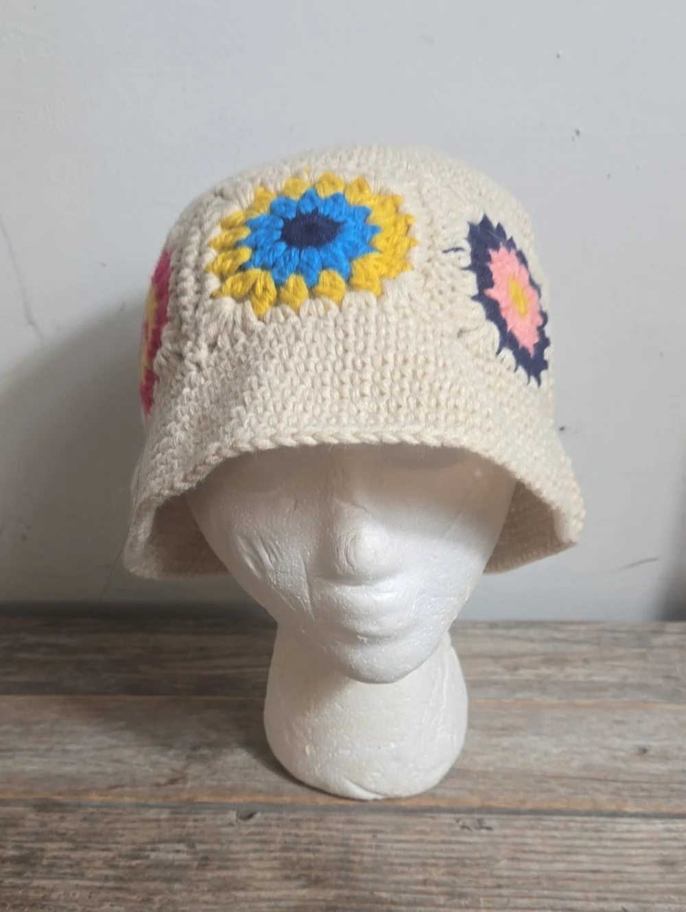 Cream Crochet Bucket Hat with Multicolor Flower Accents